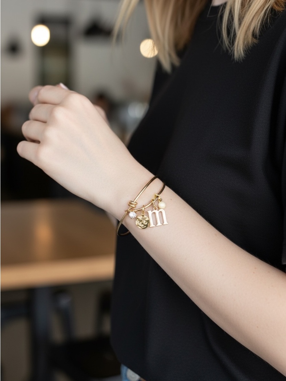 8/7 Gold Initial 'M' Charm Bangle Bracelet